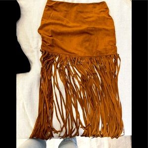 Brown faux suede fringe skirt